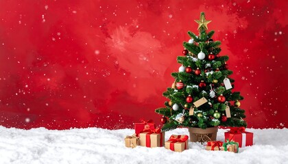 Festive Christmas tree adorned with ornaments and gifts on snow