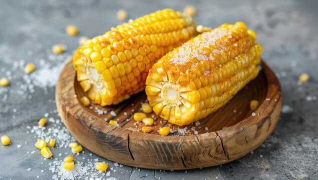 Two grilled corn cobs, glistening with butter and sprinkled with salt, rest on a rustic wooden plate.  The kernels are plump and golden, against a grey background