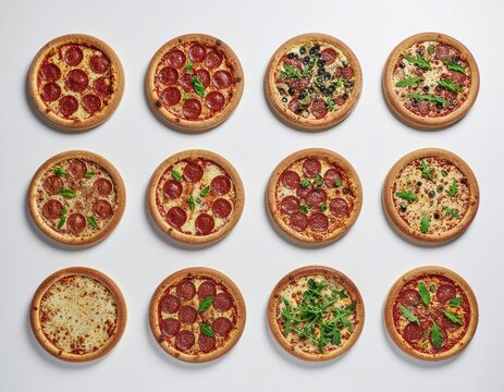 Various pizzas with different toppings arranged on a white background