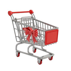 Shopping cart with a red polka dot bow for holiday sales and special promotions on white background