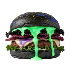 Spooky black burger with green slime and purple bacon close up on white background