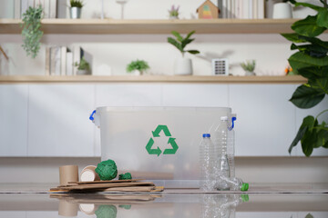 Sustainability. Recycling bin with plastic bottles and cardboard for eco-friendly waste management.