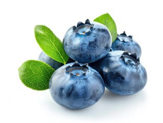 Obraz premium Pile of blueberries, leaves isolated on white. Food photography, healthy ingredient