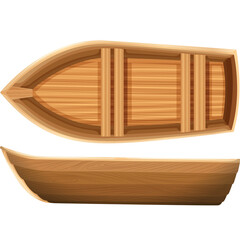 Detailed Top Down and Side View of a Wooden Rowboat with Three Seats and Natural Wood Grain Texture on a Transparent Background