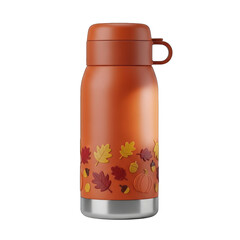Orange thermos with fall leaves and pumpkins against a black studio backdrop on white background