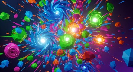 Abstract Colorful Explosion of Geometric Shapes and Swirling Lights