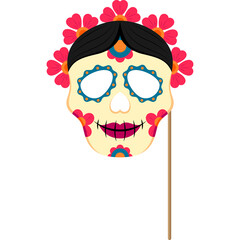 Dia De Los Muertos Mask With Flowers And Stick For Celebration