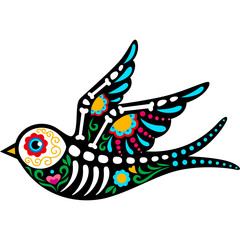 Dia De Los Muertos Inspired Stylized Bird With Intricate Floral And Skeleton Bone Design Elements In Vibrant Colors Isolated On White Background