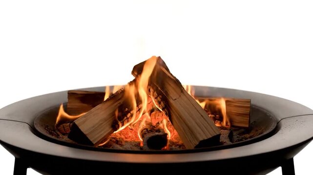 Close-up of burning logs in a modern fire pit against a white background