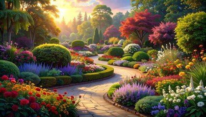 A vibrant, sunny garden path winds through colorful flowerbeds with various shrubs and trees in the background, a warm sunset glowing above