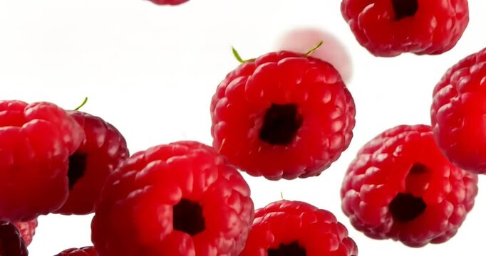 Fresh, vibrant raspberries floating against a white background, showcasing their texture and color