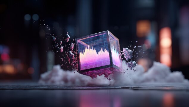 A transparent cube, displaying a colorful data graph, hovers amidst a cloud of smoke and debris, showcasing a dynamic and futuristic aesthetic.