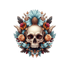 Skull surrounded by colorful flowers and foliage against a stark on white background