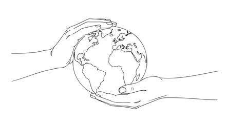 Global unity and environmental care depicted in elegant one line continuous art, showcasing hands holding Earth for protection and sustainability