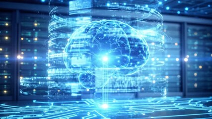 Glowing digital brain with neon circuits rotates above detailed server racks, showing electric pulses and data flow in a futuristic high-tech environment, cinematic and ultra-realistic. - Powered by Adobe