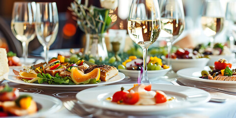 Elegant dining table set with gourmet food and wine, ready for a celebration.