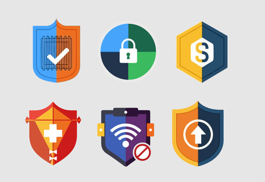 Collection of Security and Technology Icons with Shields and Symbols.