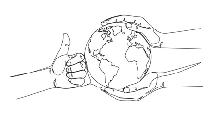 Harmonious one-line continuous art, illustrating hands carefully holding the Earth alongside a positive thumbs-up, representing global environmental care and support