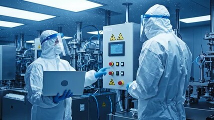 Two Scientists in Hazmat Suits Collaborating Over Control Panel and Laptop in a Modern Pharmaceutical Manufacturing Facility - Powered by Adobe