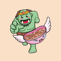 Cute cartoon of a green monster with tusks chasing a flying cereal bowl with wings, funny and playful illustration on pastel background.