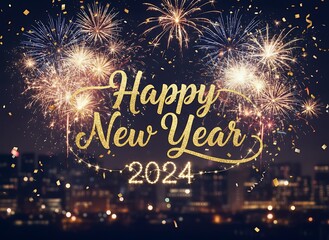 Festive fireworks illuminate the night sky with a celebratory message