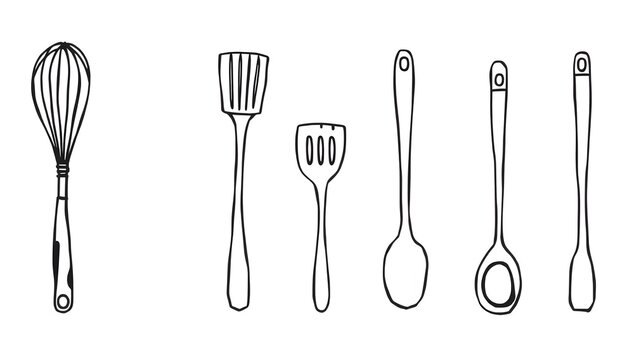 A set of hand drawn kitchen utensils in black line doodle style, featuring spoon, fork, pan, kettle, knife and cutting board, isolated on white background