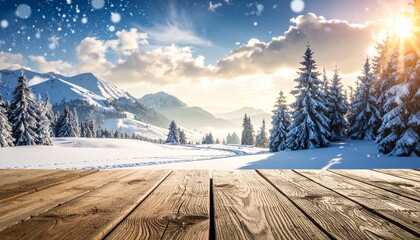 Scenic view of a snowy mountain valley under a clear blue sky with a rustic wooden table in the foreground. Perfect background for winter travel promotions, Christmas banners, or seasonal mockups.