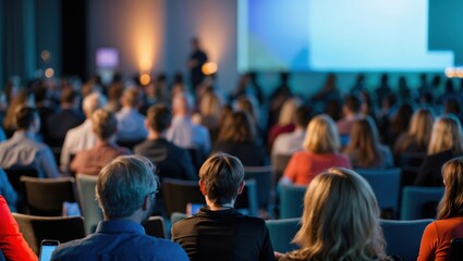 Rear view of blurred audience listens lecturer at public company workshop. Corporate professional coaching, academic convention concept