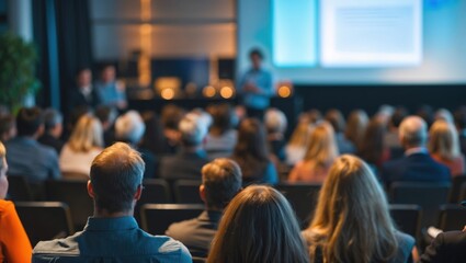 Rear view of blurred audience listens lecturer at public company workshop. Corporate professional coaching, academic convention concept