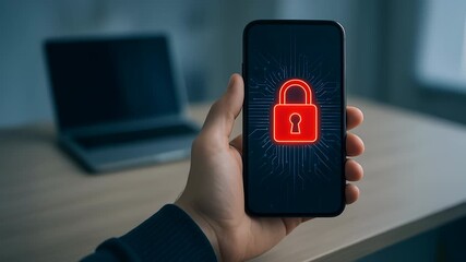 Cybersecurity concept with red lock on smartphone screen warning of risk from hacking malware and data breach protection in digital security - Powered by Adobe