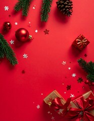 Festive flat lay, red backdrop with ornaments and gifts