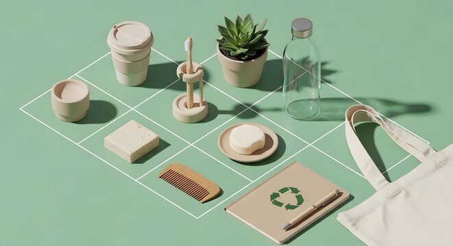 Sustainable living essentials A collection of eco-friendly, natural, and zero-waste products for a greener lifestyle on a light green background with grid pattern