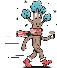 Happy Tree Walking with Coffee Cup in Winter – Cute Nature Character Vector