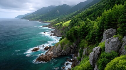 Dramatic Coastal Landscape With Jagged Rocks Lush Green Trees Meeting The Deep Blue Ocean Under A Cloudy Sky