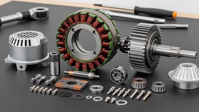 Exploded View: Precision Engineered Motor Components on Dark Surface