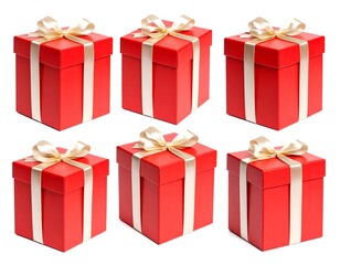 Obraz premium Six red gift boxes with gold ribbons on white backdrop