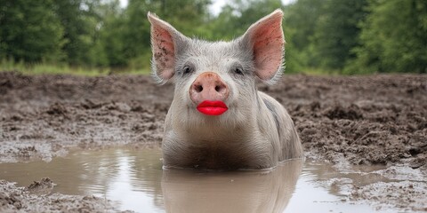 photo of a pig with red lipstick sitting in mud smiling 