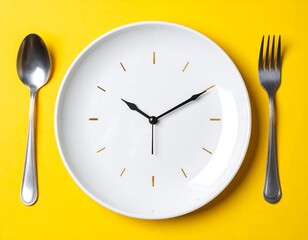 Overhead shot showing a plate designed like a clock with utensils