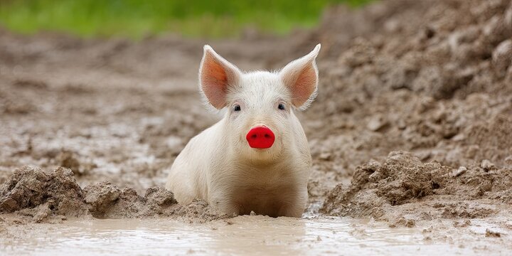 photo of a pig with red lipstick sitting in mud smiling 