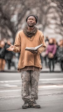 street prophet preaching a sermon to people in the city