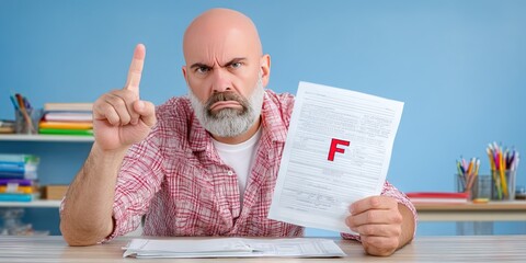 angry teacher sitting at desk holding exam with red "F" 