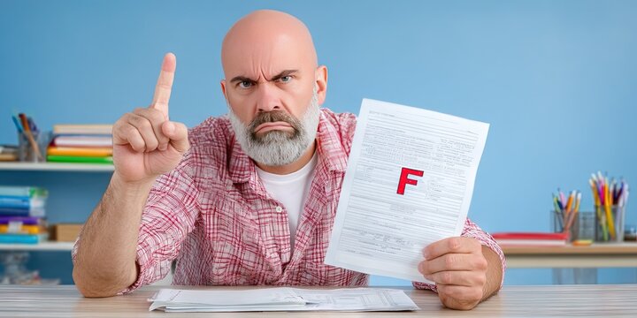 angry teacher sitting at desk holding exam with red "F" 
