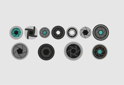 Collection of various camera lens aperture and shutter icons.