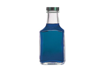 Clear glass bottle with blue liquid isolated on transparent background