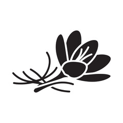 Stylized black and white illustration of a blooming flower with stems