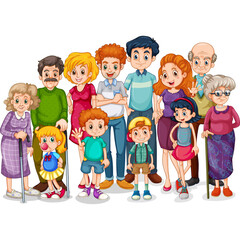 Diverse Extended Family Group Portrait Featuring Multiple Generations of Adults and Children Standing Together in Casual Attire with a Transparent Background