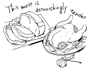 Stylish illustrations of meat dishes. Steak, roast chicken