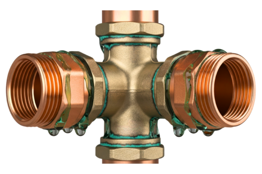 Four-way copper pipe fitting for plumbing and water systems isolated on transparent background