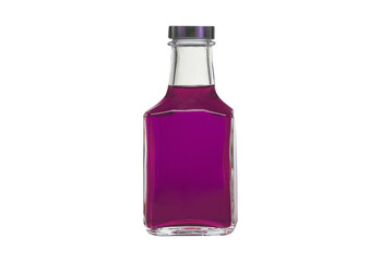 Clear glass bottle with purple liquid isolated on transparent background