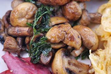 Mushroom medley with greens served on a plate
